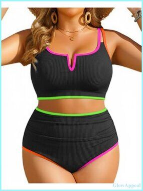 Plus Size High Waisted Ribbed Tummy Control Bikini Set